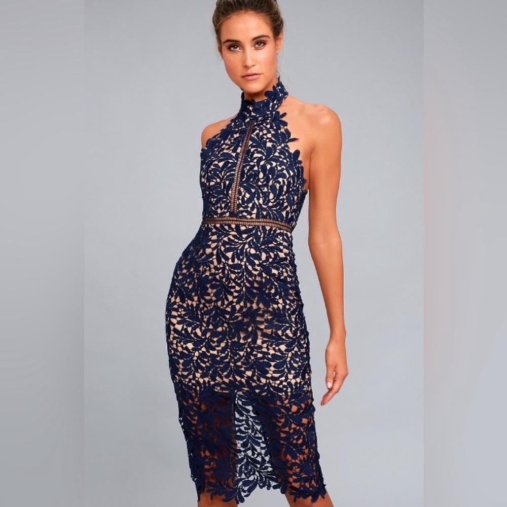 Lulus Divine Destiny Navy Blue Lace Halter Backless Midi Dress Size Large Sexy - Picture 3 of 16